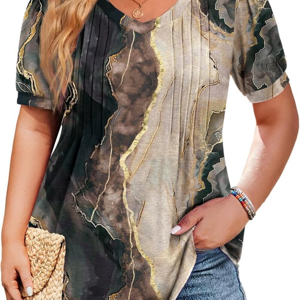 Plus Size Tops for Women Summer Puff Short Sleeve Tunic Pleated V Neck Shirts Ca